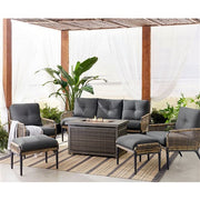 Hanover - Sedona 6pc Fire Pit Set: 2 Chairs, Sofa, 2 Ottomans, Slat Fire Pit - Tan/Charcoal-United Backyard