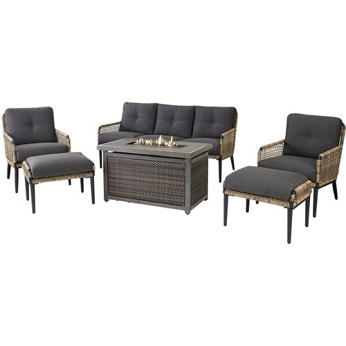 Hanover - Sedona 6pc Fire Pit Set: 2 Chairs, Sofa, 2 Ottomans, Slat Fire Pit - Tan/Charcoal-United Backyard