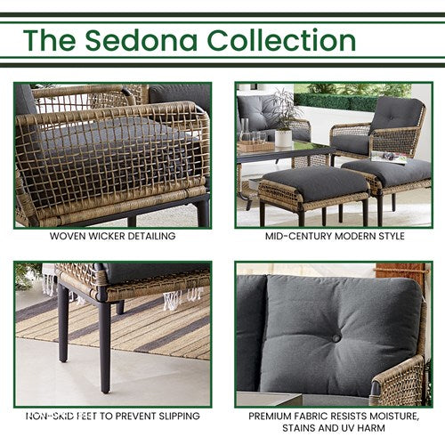 Hanover - Sedona 6pc Set: 2 Chairs, Sofa, 2 Ottomans, Glass Top Coffee Table - Tan/Charcoal-United Backyard