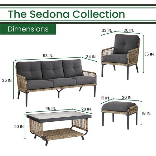 Hanover - Sedona 6pc Set: 2 Chairs, Sofa, 2 Ottomans, Glass Top Coffee Table - Tan/Charcoal-United Backyard