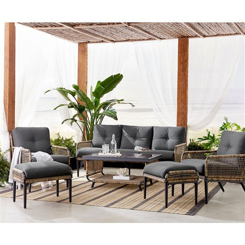 Hanover - Sedona 6pc Set: 2 Chairs, Sofa, 2 Ottomans, Glass Top Coffee Table - Tan/Charcoal-United Backyard