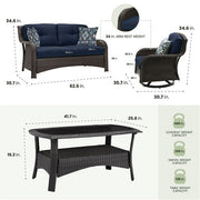Hanover - Strathmere 4pc: Loveseat, 2 Swivel Gliders, Woven Coffee Table - Brown/Navy-United Backyard