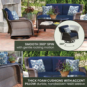 Hanover - Strathmere 4pc: Loveseat, 2 Swivel Gliders, Woven Coffee Table - Brown/Navy-United Backyard