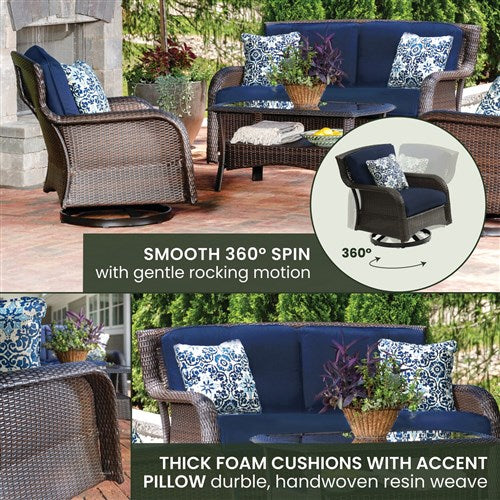 Hanover - Strathmere 4pc: Loveseat, 2 Swivel Gliders, Woven Coffee Table - Brown/Navy-United Backyard