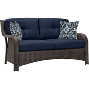 Hanover - Strathmere 4pc: Loveseat, 2 Swivel Gliders, Woven Coffee Table - Brown/Navy-United Backyard
