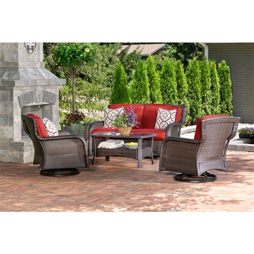 Hanover - Strathmere 4pc: Loveseat, 2 Swivel Gliders, Woven Coffee Table - Brown/Red-United Backyard