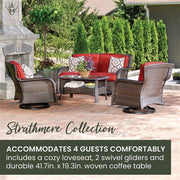 Hanover - Strathmere 4pc: Loveseat, 2 Swivel Gliders, Woven Coffee Table - Brown/Red-United Backyard