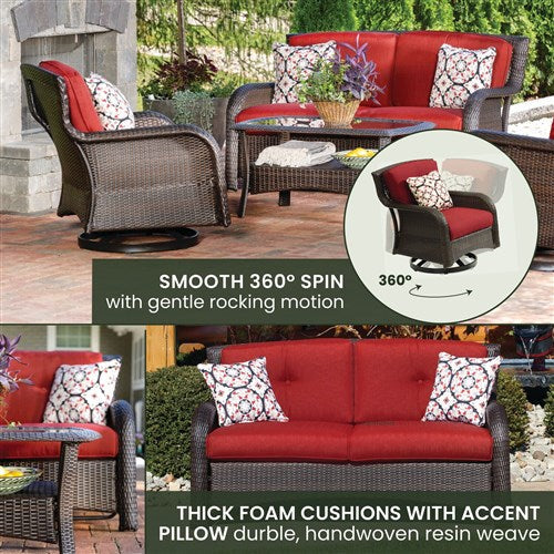 Hanover - Strathmere 4pc: Loveseat, 2 Swivel Gliders, Woven Coffee Table - Brown/Red-United Backyard