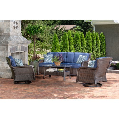 Hanover - Strathmere 4pc: Sofa, 2 Swivel Gliders, Woven Coffee Table - Brown/Navy-United Backyard