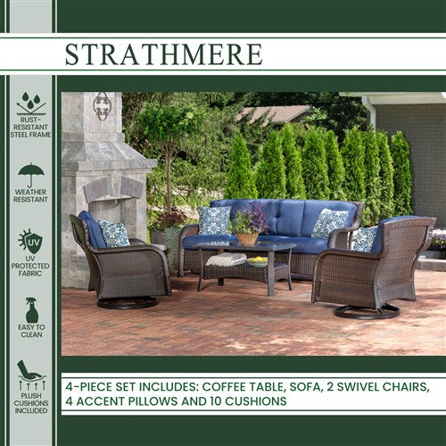 Hanover - Strathmere 4pc: Sofa, 2 Swivel Gliders, Woven Coffee Table - Brown/Navy-United Backyard