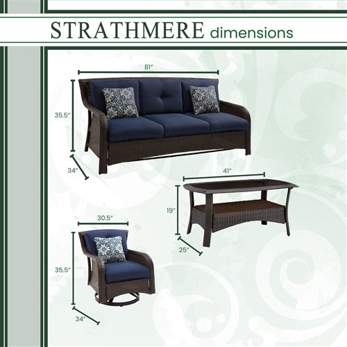 Hanover - Strathmere 4pc: Sofa, 2 Swivel Gliders, Woven Coffee Table - Brown/Navy-United Backyard