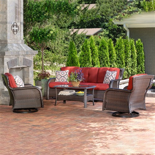 Hanover - Strathmere 4pc: Sofa, 2 Swivel Gliders, Woven Coffee Table - Brown/Red-United Backyard