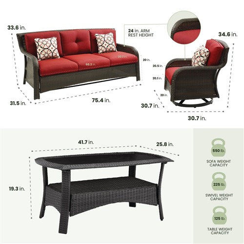 Hanover - Strathmere 4pc: Sofa, 2 Swivel Gliders, Woven Coffee Table - Brown/Red-United Backyard