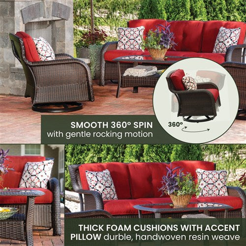 Hanover - Strathmere 4pc: Sofa, 2 Swivel Gliders, Woven Coffee Table - Brown/Red-United Backyard