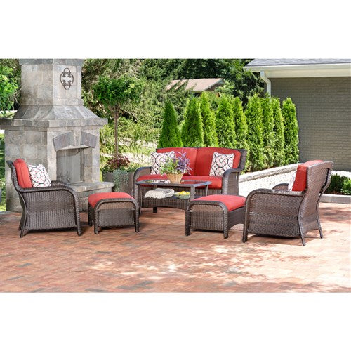 Hanover - Strathmere 6-pc Deep Seating Set w/Cushions, Coffee Table - Brown/Deep Red-United Backyard