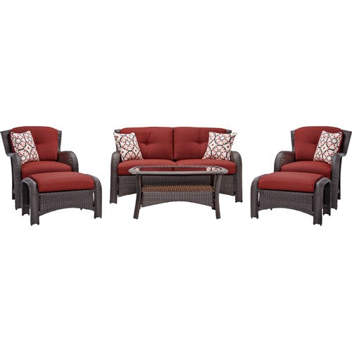 Hanover - Strathmere 6-pc Deep Seating Set w/Cushions, Coffee Table - Brown/Deep Red-United Backyard