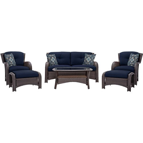 Hanover - Strathmere 6-pc Deep Seating Set w/Cushions, Coffee Table - Brown/Navy-United Backyard