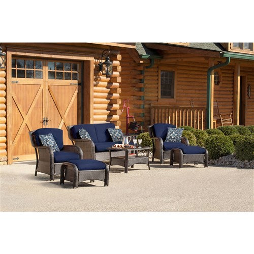 Hanover - Strathmere 6-pc Deep Seating Set w/Cushions, Coffee Table - Brown/Navy-United Backyard