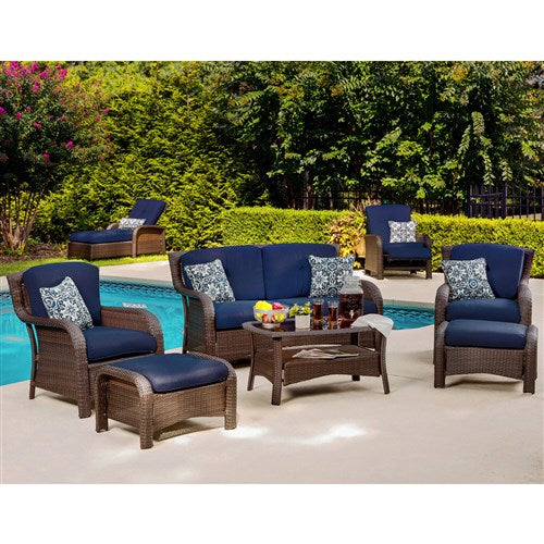 Hanover - Strathmere 6-pc Deep Seating Set w/Cushions, Coffee Table - Brown/Navy-United Backyard