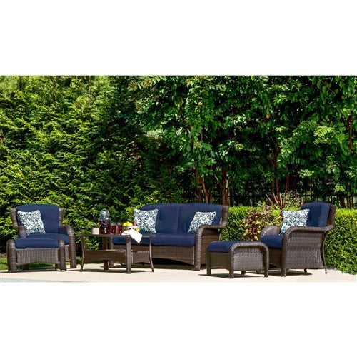 Hanover - Strathmere 6-pc Deep Seating Set w/Cushions, Coffee Table - Brown/Navy-United Backyard