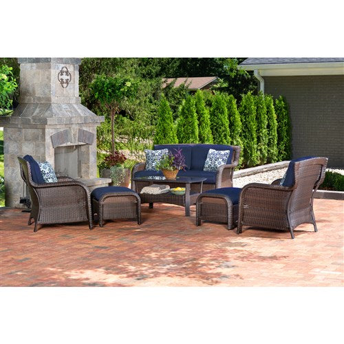 Hanover - Strathmere 6-pc Deep Seating Set w/Cushions, Coffee Table - Brown/Navy-United Backyard