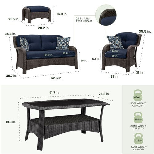 Hanover - Strathmere 6-pc Deep Seating Set w/Cushions, Coffee Table - Brown/Navy-United Backyard