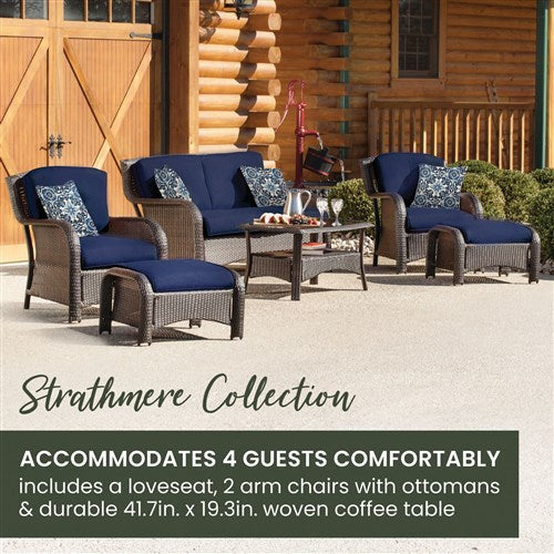 Hanover - Strathmere 6-pc Deep Seating Set w/Cushions, Coffee Table - Brown/Navy-United Backyard