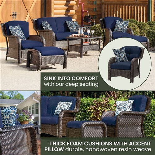 Hanover - Strathmere 6-pc Deep Seating Set w/Cushions, Coffee Table - Brown/Navy-United Backyard