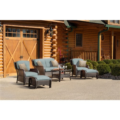 Hanover - Strathmere 6-pc Deep Seating Set w/Cushions, Coffee Table - Brown/Ocean Blue-United Backyard