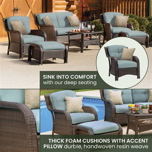 Hanover - Strathmere 6-pc Deep Seating Set w/Cushions, Coffee Table - Brown/Ocean Blue-United Backyard