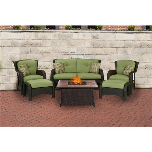 Hanover - Strathmere 6-pc Fire Pit Set with Tan Tile Top - Green/Brown-United Backyard