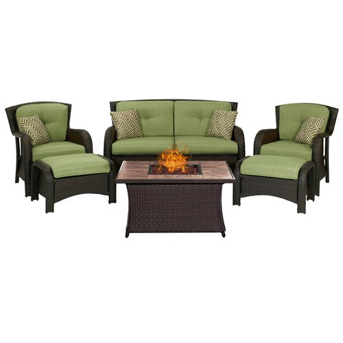 Hanover - Strathmere 6-pc Fire Pit Set with Tan Tile Top - Green/Brown-United Backyard