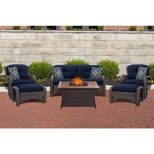 Hanover - Strathmere 6-pc Fire Pit Set with Tan Tile Top - Navy/Brown-United Backyard