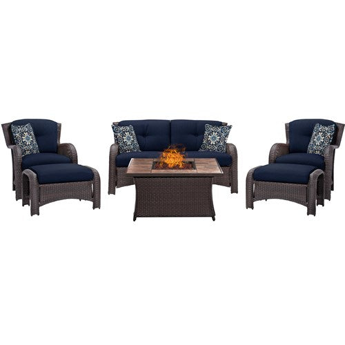 Hanover - Strathmere 6-pc Fire Pit Set with Tan Tile Top - Navy/Brown-United Backyard