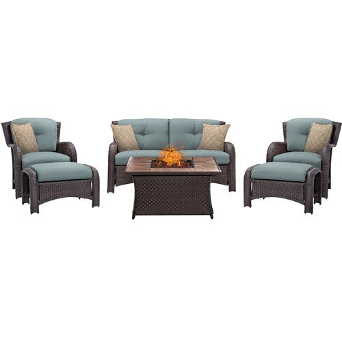 Hanover - Strathmere 6-pc Fire Pit Set with Tan Tile Top - Ocean Blue/Brown-United Backyard