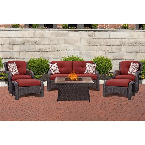 Hanover - Strathmere 6-pc Fire Pit Set with Tan Tile Top - Red/Brown-United Backyard