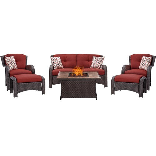 Hanover - Strathmere 6-pc Fire Pit Set with Tan Tile Top - Red/Brown-United Backyard