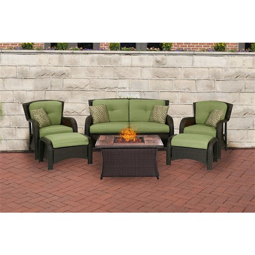 Hanover - Strathmere 6-pc Fire Pit Set with Wood Grain Tile Top - Green/Brown-United Backyard