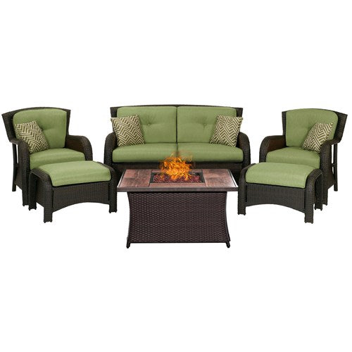 Hanover - Strathmere 6-pc Fire Pit Set with Wood Grain Tile Top - Green/Brown-United Backyard