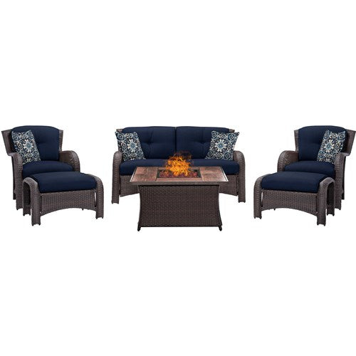 Hanover - Strathmere 6-pc Fire Pit Set with Wood Grain Tile Top - Navy/Brown-United Backyard