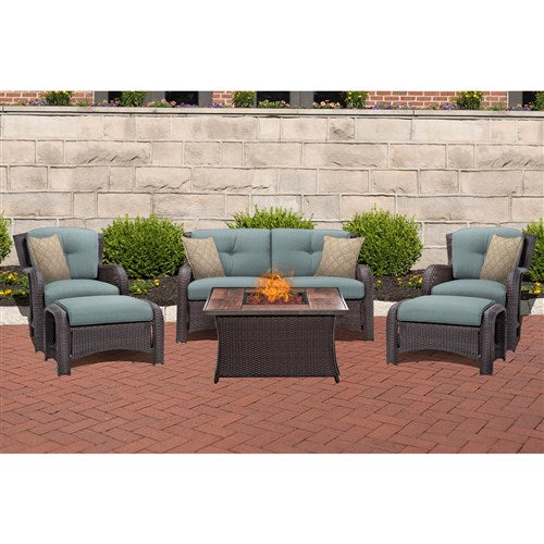 Hanover - Strathmere 6-pc Fire Pit Set with Wood Grain Tile Top - Ocean Blue/Brown-United Backyard