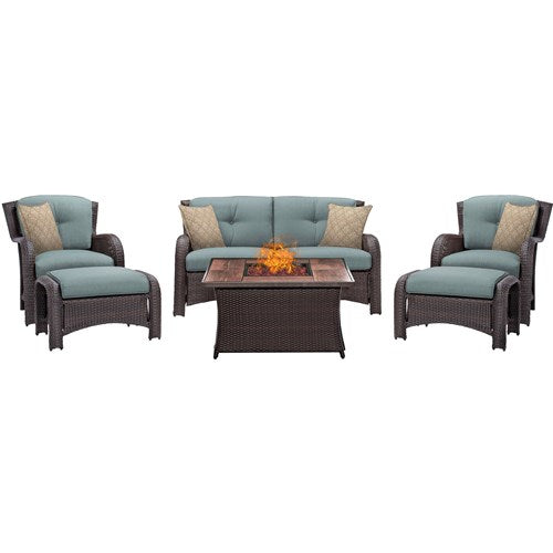 Hanover - Strathmere 6-pc Fire Pit Set with Wood Grain Tile Top - Ocean Blue/Brown-United Backyard