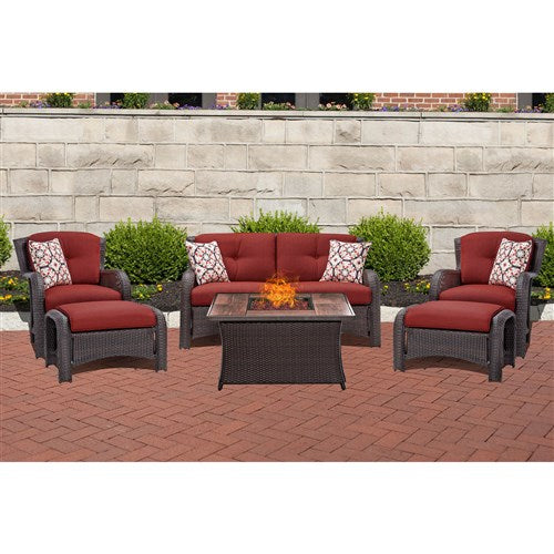 Hanover - Strathmere 6-pc Fire Pit Set with Wood Grain Tile Top - Red/Brown-United Backyard