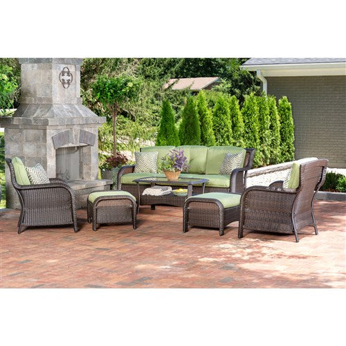 Hanover - Strathmere 6pc: Sofa, 2 Side Chairs, 2 Ottomans, Woven Coffee Table - Brown/Green-United Backyard