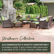 Hanover - Strathmere 6pc: Sofa, 2 Side Chairs, 2 Ottomans, Woven Coffee Table - Brown/Green-United Backyard