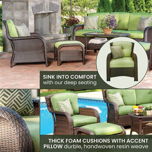 Hanover - Strathmere 6pc: Sofa, 2 Side Chairs, 2 Ottomans, Woven Coffee Table - Brown/Green-United Backyard