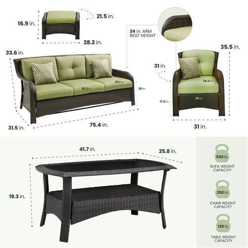 Hanover - Strathmere 6pc: Sofa, 2 Side Chairs, 2 Ottomans, Woven Coffee Table - Brown/Green-United Backyard