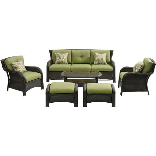 Hanover - Strathmere 6pc: Sofa, 2 Side Chairs, 2 Ottomans, Woven Coffee Table - Brown/Green-United Backyard