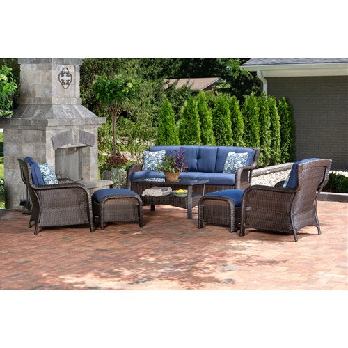 Hanover - Strathmere 6pc: Sofa, 2 Side Chairs, 2 Ottomans, Woven Coffee Table - Brown/Navy-United Backyard