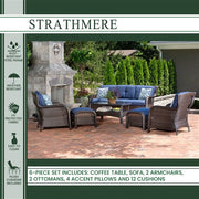 Hanover - Strathmere 6pc: Sofa, 2 Side Chairs, 2 Ottomans, Woven Coffee Table - Brown/Navy-United Backyard